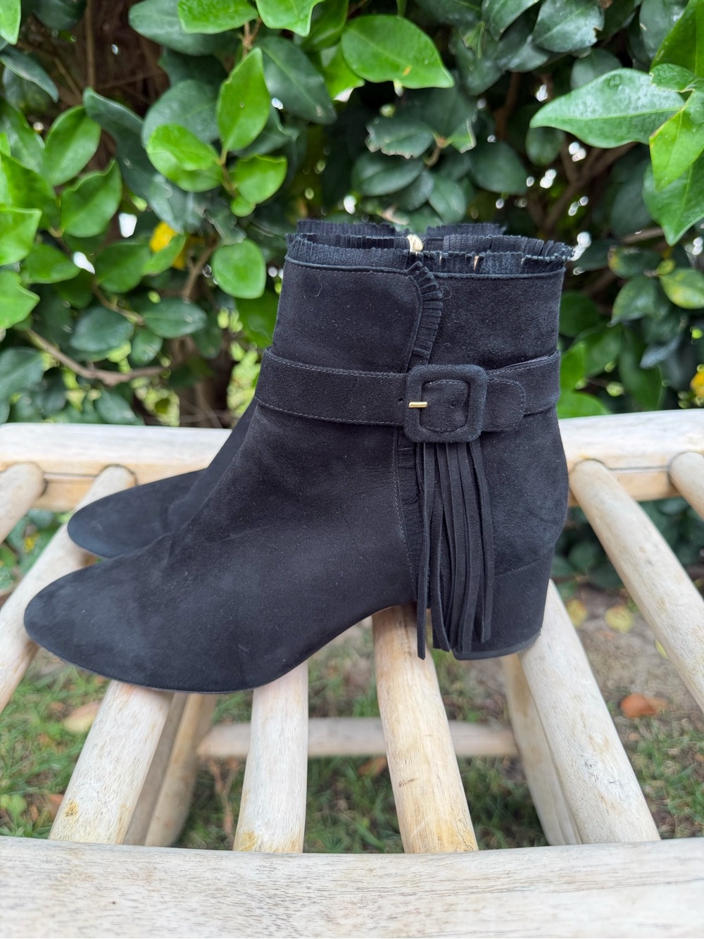 Aquazzura Black Suede Fringe Buckle Ankle Boots